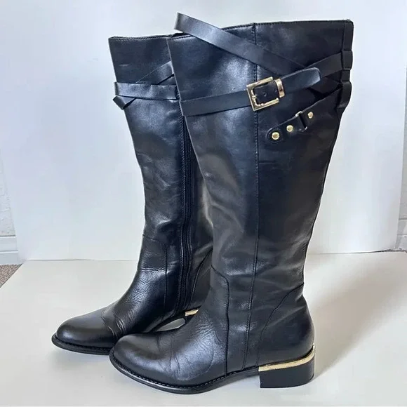 Franco Sarto Celeste Leather Knee High Boots Womens Size 6 M-W/C Black Gold - Picture 12 of 12